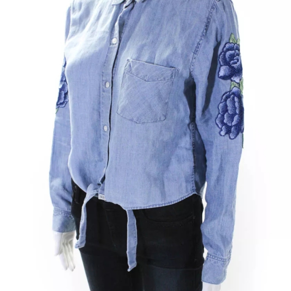 Rails Chambray Button Front Tie Ls Xs Embroidered - image 3